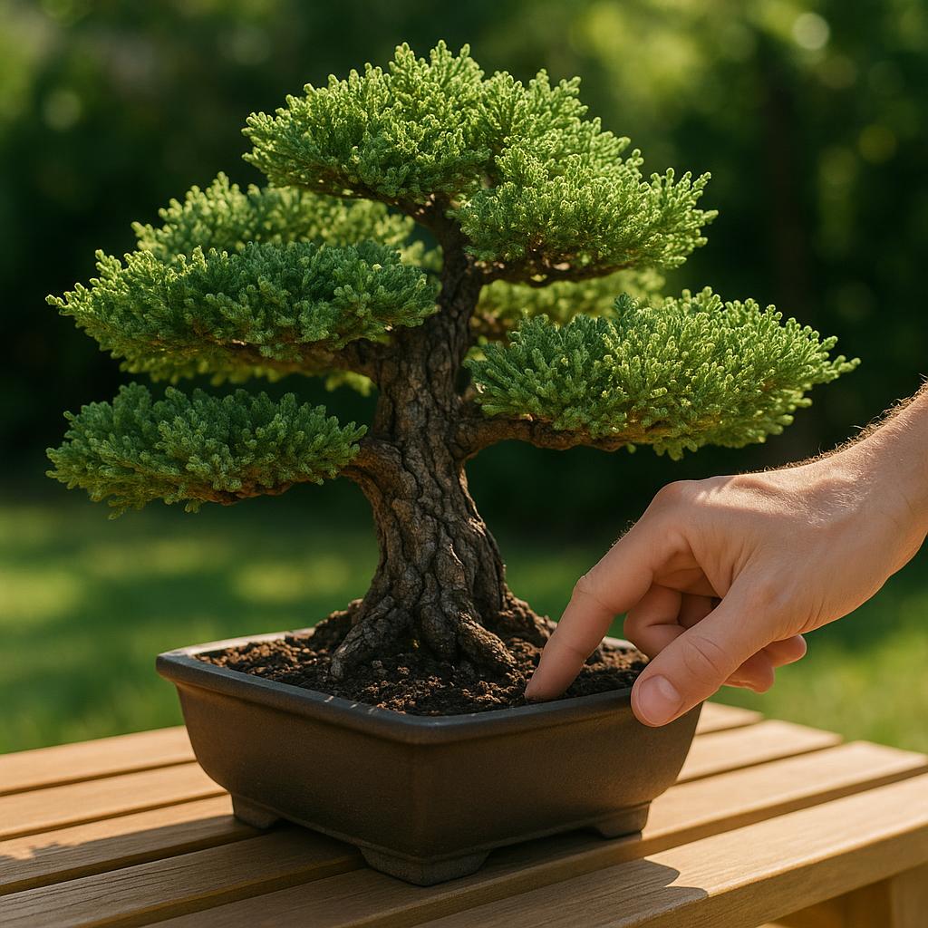 บอนไซจูนิเปอร์บนม้านั่งกลางแจ้ง แสดงใบที่แข็งแรง