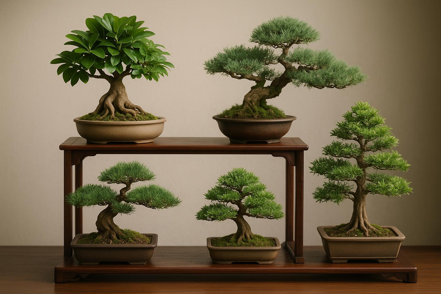 มือใหม่กำลังจัดวางบอนไซบนโต๊ะไม้